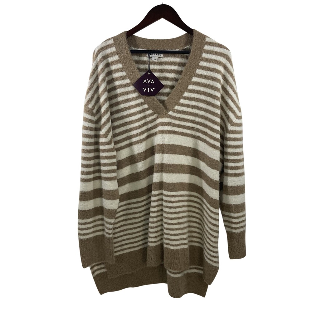 Ava & Viv Women 2X Brown Fuzzy Sweater Striped